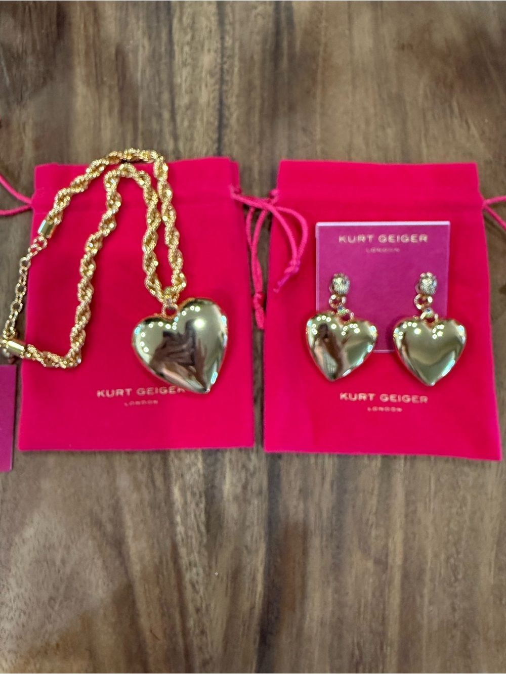 Kurt Geiger Gold Heart Pendant Necklace and Matching Heart Earrings